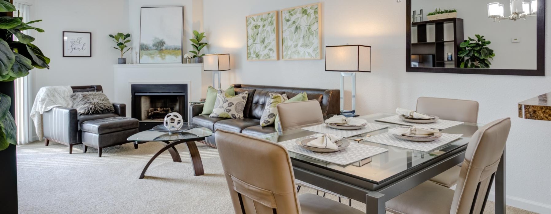 a living room with a fireplace